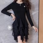 Long-sleeve Beaded Heart Mesh Layered Mini Dress