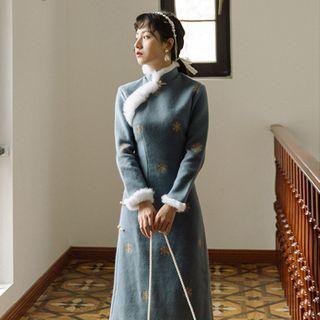 Furry Trim Long-sleeve Midi Sheath Dress