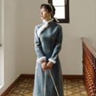 Furry Trim Long-sleeve Midi Sheath Dress