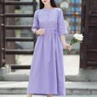 3/4-sleeve Drawstring Midi A-line Dress