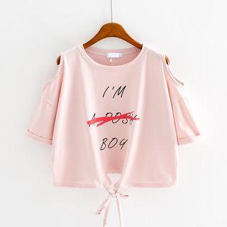 Lettering Cold Shoulder Short-sleeve T-shirt