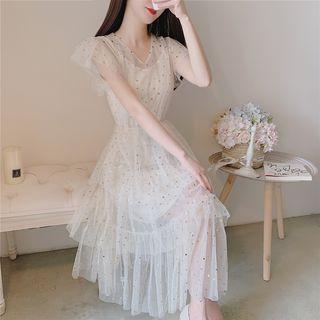 Sequin Ruffle-sleeve Dress Almond - One Size