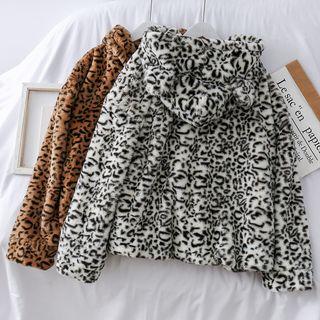 Ears-accent Leopard-print Furry Jacket