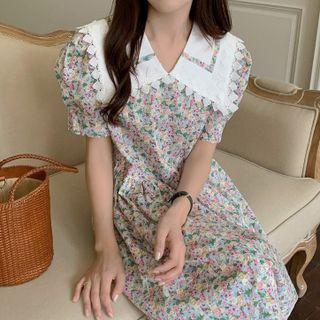 Short-sleeve Flower Print Midi A-line Dress Floral - Blue - One Size