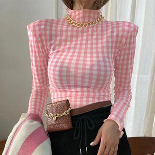Long-sleeve Turtleneck Gingham Top