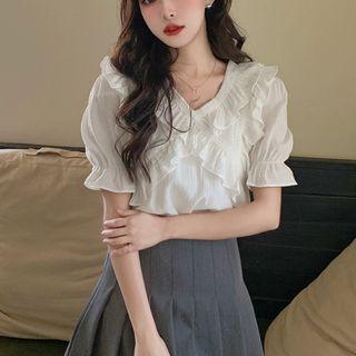 Short-sleeve V-neck Ruffled Chiffon Blouse