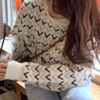 Zigzag Pattern Turtleneck Sweater White & Coffee & Beige Gray - One Size