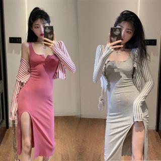 Slit Midi Bodycon Tank Dress / Striped Cardigan