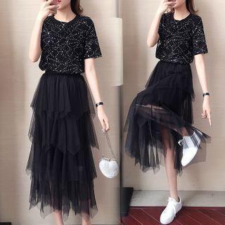 Set: Short-sleeve Sequined T-shirt + Midi Mesh Layered Skirt