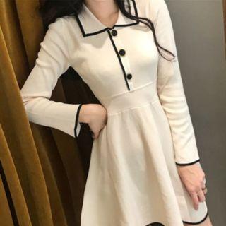 Long-sleeve Contrast Trim Mini A-line Knit Dress