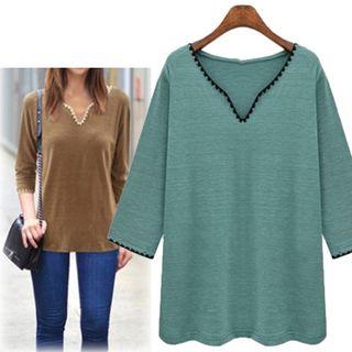 Contrast Trim Notch Neck Long-sleeve Top