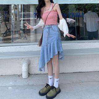 Ruffle Hem Asymmetrical Denim A-line Skirt
