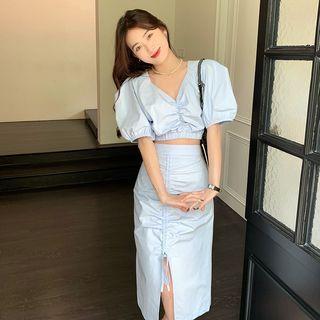 Puff-sleeve Ruched Cropped Top + Midi Skirt