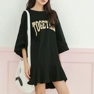 Elbow-sleeve Lettering Mini Dress
