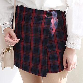 Band-waist Wrap-front Plaid Skort