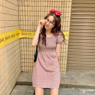 Balloon-sleeve Plaid A-line Dress As Shown In Figure - One Size