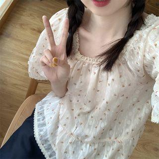 Square Neck Floral Blouse Nude Pink Floral - Beige - One Size