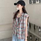 Plaid Printed Sleeveless Blazer As Shown In Figure - One Size