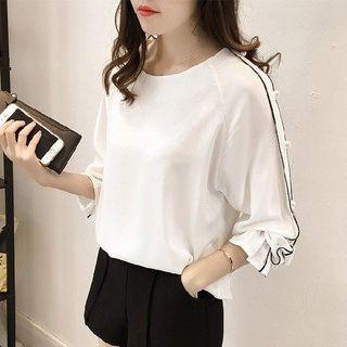 Faux Pearl Contrast Trim Chiffon Blouse
