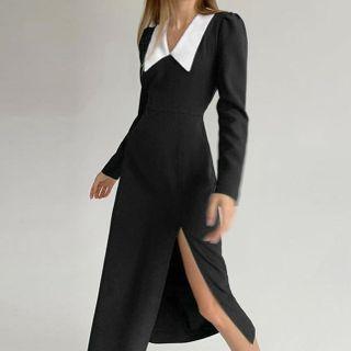 Long Sleeve Collar Slit Midi Dress