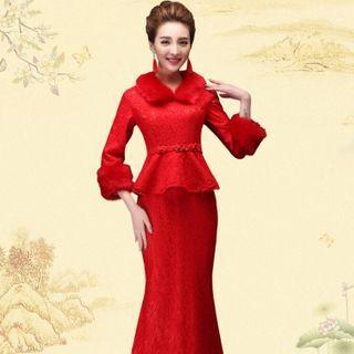 Traditional Chinese 3/4-sleeve Fluffy Trim Mermaid Evening Gown