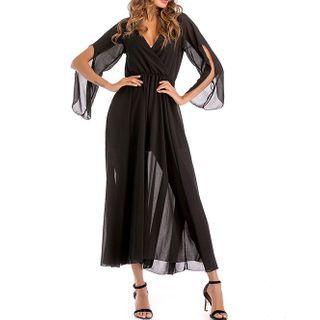 V-neck Bell-sleeve Maxi A-line Dress