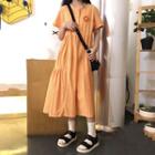 Short-sleeve Midi A-line Dress Tangerine - One Size