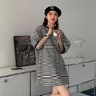 Short-sleeve Pinstriped T-shirt Dress Stripe - Black & White - One Size