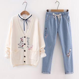 Cat Print Cardigan / Plain Shirt / Straight-cut Jeans / Set