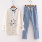 Cat Print Cardigan / Plain Shirt / Straight-cut Jeans / Set