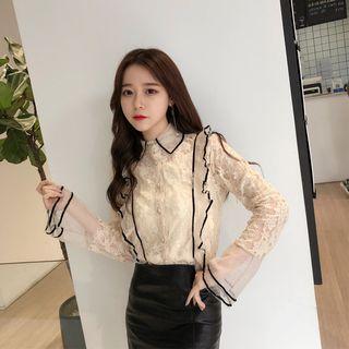Bell-sleeved Lace Panel Mesh Blouse