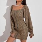 Puff Sleeve Zip Front Leopard Print Sheath Dress