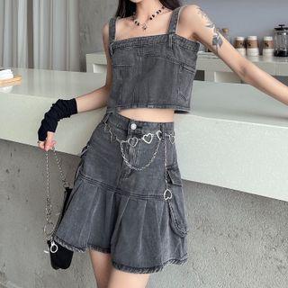 Denim Camisole Top / Chain Belt / A-line Denim Cargo Skirt / Set