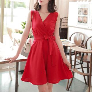 Wrap-front Sleeveless Dress With Sash