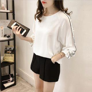 Contrast Trim Faux Pearl Chiffon Blouse
