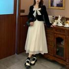 Mock Two-piece Puff-sleeve Bow Midi Dress