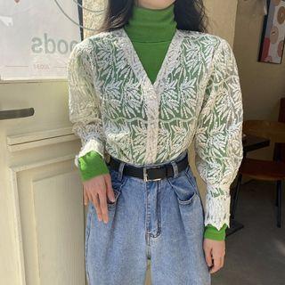 Turtleneck Ribbed Knit Top / V-neck Balloon-sleeve Lace Blouse