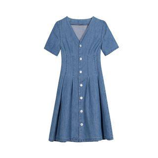 V-neck Denim Midi A-line Dress