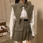 Plain Shirt / Collared Cape / Mini Pleated Skirt