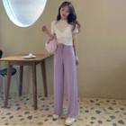 Embroidered Long-sleeve Mesh Top / High-waist Wide Pants