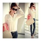 Single-breasted Long-sleeved Drawstring Loose-fit Chiffon V-neck Plain Blazer