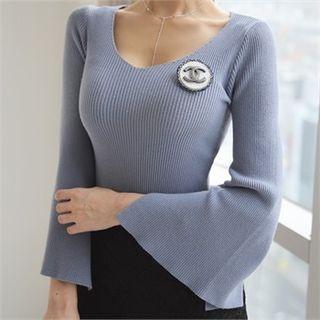 Slit Wide-sleeve Slim-fit Knit Top