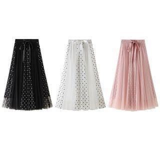 Polka Dot Lace Panel Maxi Skirt