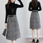 Plaid A-line Skirt / Mock Neck Knit Top Set