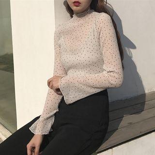 Dotted Mock Neck Long Sleeve Chiffon Blouse