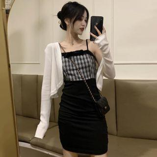 Set: Cardigan + Spaghetti Strap Plaid Panel Sheath Dress