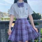 Short-sleeve Shirt / Plaid Bow / Plaid Pleated Skirt / Set