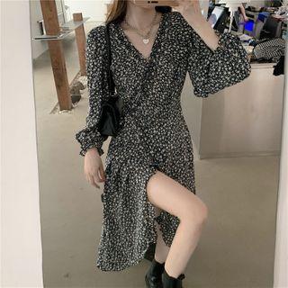 Floral Slit Midi A-line Dress Floral - Black - One Size