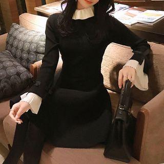 Mock Two-piece Long-sleeve A-line Dress Black - One Size