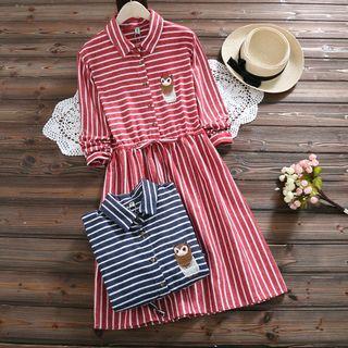 Owl Embroidered Striped Shirt Dress